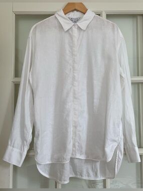 Athleta white linen oversized long sleeve button up collared shirt women's large